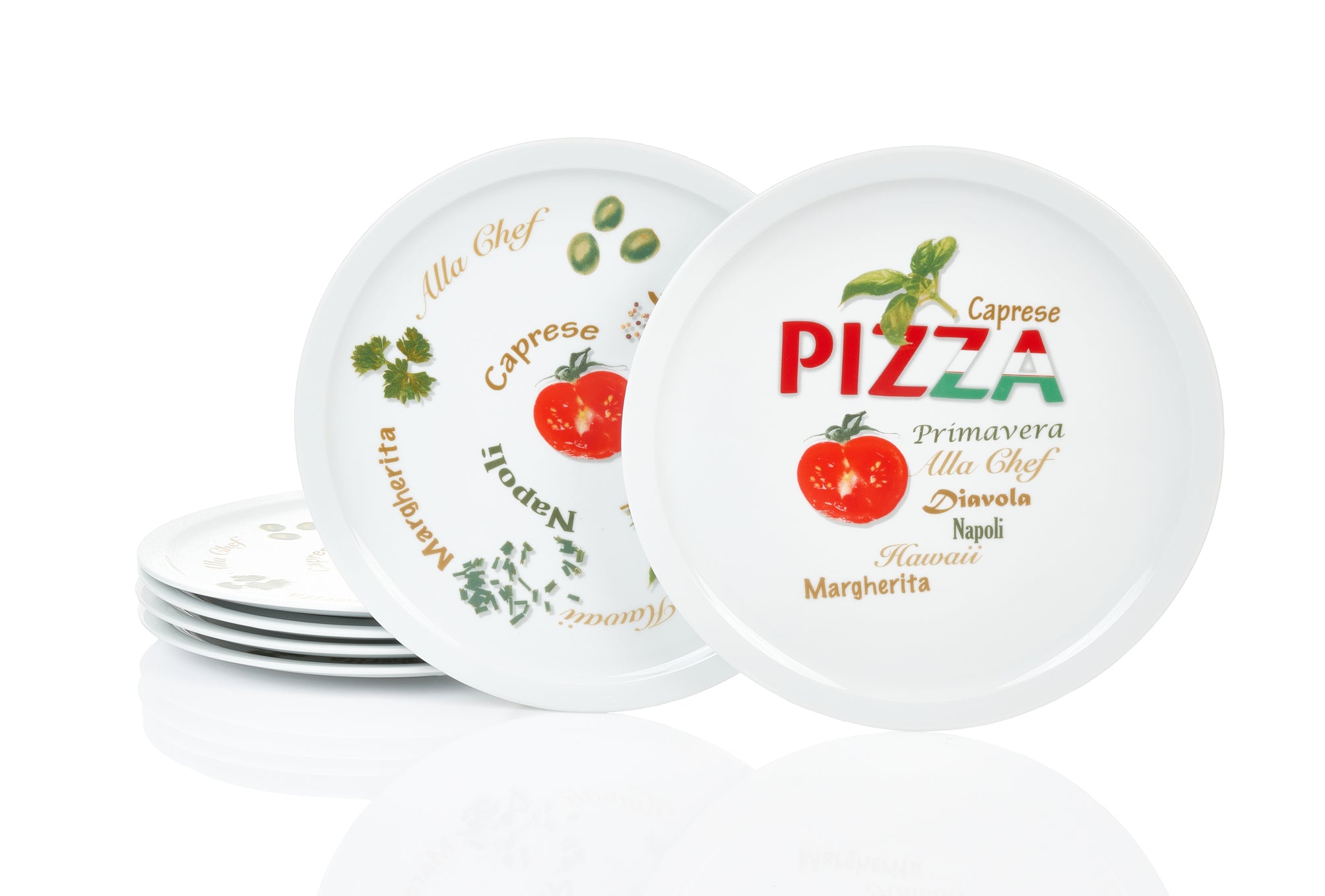 6er Set Pizzateller rund 30cm dekoriert, 2 Dekore