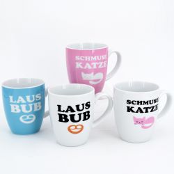 m3) SCHMUSEKATZE / LAUSBUB - Kaffeebecher-Set 4-teilig